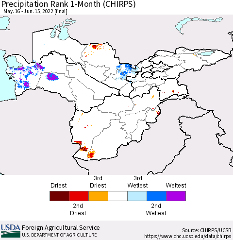 Central Asia Precipitation Rank since 1981, 1-Month (CHIRPS) Thematic Map For 5/16/2022 - 6/15/2022