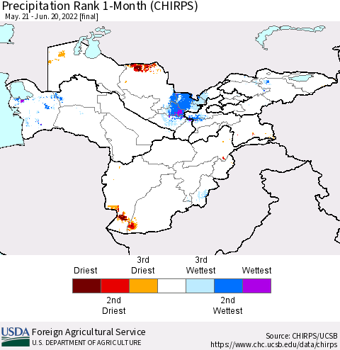 Central Asia Precipitation Rank since 1981, 1-Month (CHIRPS) Thematic Map For 5/21/2022 - 6/20/2022