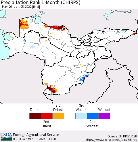Central Asia Precipitation Rank since 1981, 1-Month (CHIRPS) Thematic Map For 5/26/2022 - 6/25/2022