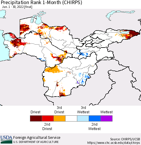 Central Asia Precipitation Rank since 1981, 1-Month (CHIRPS) Thematic Map For 6/1/2022 - 6/30/2022