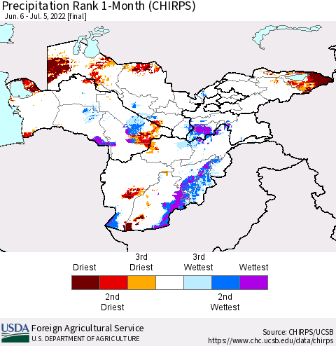 Central Asia Precipitation Rank since 1981, 1-Month (CHIRPS) Thematic Map For 6/6/2022 - 7/5/2022