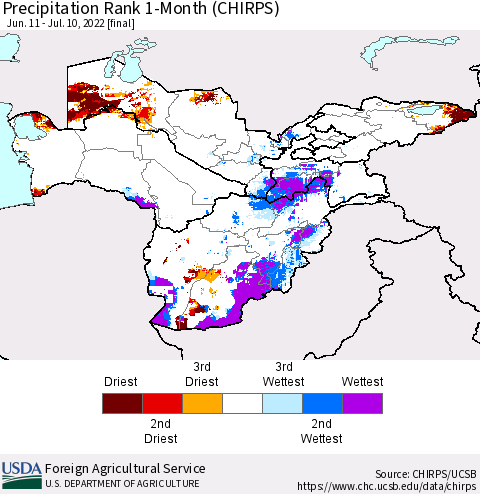 Central Asia Precipitation Rank since 1981, 1-Month (CHIRPS) Thematic Map For 6/11/2022 - 7/10/2022