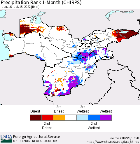 Central Asia Precipitation Rank since 1981, 1-Month (CHIRPS) Thematic Map For 6/16/2022 - 7/15/2022