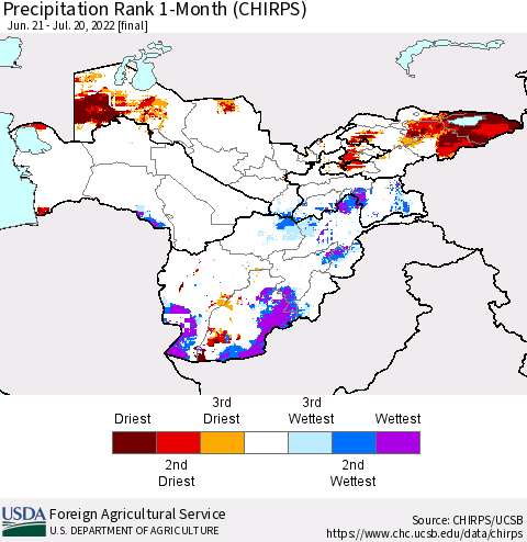 Central Asia Precipitation Rank since 1981, 1-Month (CHIRPS) Thematic Map For 6/21/2022 - 7/20/2022