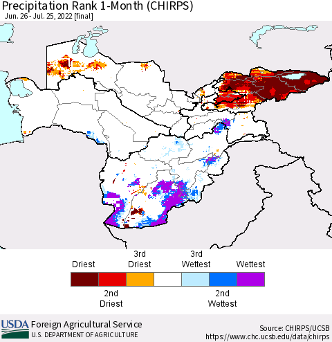 Central Asia Precipitation Rank since 1981, 1-Month (CHIRPS) Thematic Map For 6/26/2022 - 7/25/2022