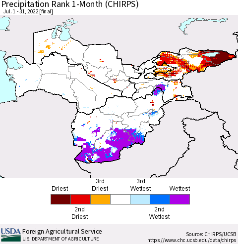 Central Asia Precipitation Rank since 1981, 1-Month (CHIRPS) Thematic Map For 7/1/2022 - 7/31/2022