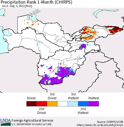 Central Asia Precipitation Rank since 1981, 1-Month (CHIRPS) Thematic Map For 7/6/2022 - 8/5/2022