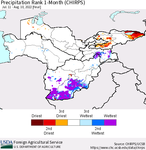 Central Asia Precipitation Rank since 1981, 1-Month (CHIRPS) Thematic Map For 7/11/2022 - 8/10/2022