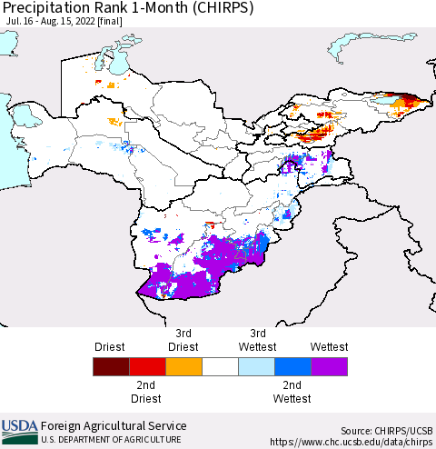 Central Asia Precipitation Rank since 1981, 1-Month (CHIRPS) Thematic Map For 7/16/2022 - 8/15/2022