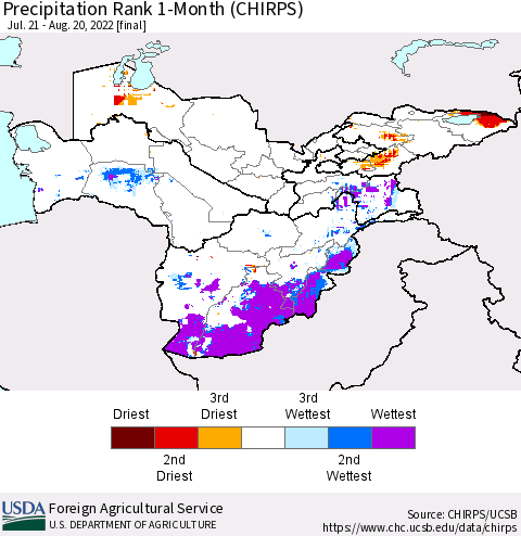 Central Asia Precipitation Rank since 1981, 1-Month (CHIRPS) Thematic Map For 7/21/2022 - 8/20/2022