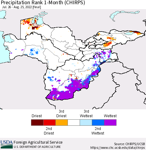 Central Asia Precipitation Rank since 1981, 1-Month (CHIRPS) Thematic Map For 7/26/2022 - 8/25/2022
