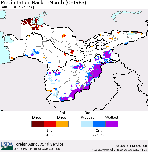 Central Asia Precipitation Rank since 1981, 1-Month (CHIRPS) Thematic Map For 8/1/2022 - 8/31/2022