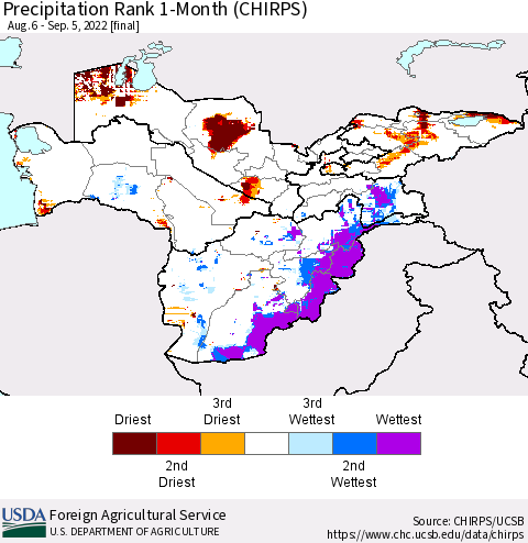 Central Asia Precipitation Rank since 1981, 1-Month (CHIRPS) Thematic Map For 8/6/2022 - 9/5/2022