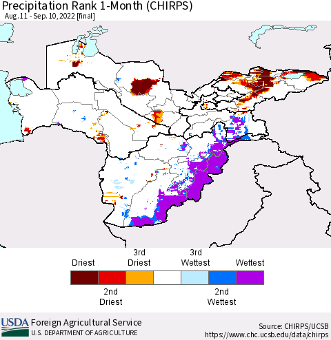 Central Asia Precipitation Rank since 1981, 1-Month (CHIRPS) Thematic Map For 8/11/2022 - 9/10/2022
