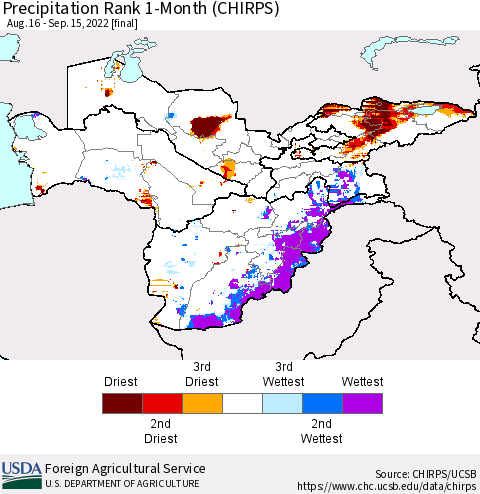Central Asia Precipitation Rank since 1981, 1-Month (CHIRPS) Thematic Map For 8/16/2022 - 9/15/2022