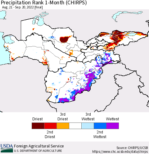 Central Asia Precipitation Rank since 1981, 1-Month (CHIRPS) Thematic Map For 8/21/2022 - 9/20/2022