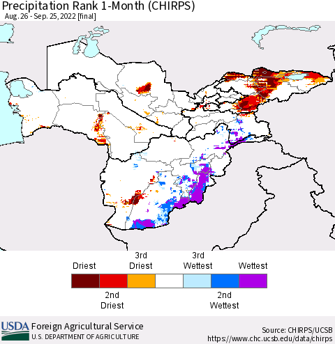 Central Asia Precipitation Rank since 1981, 1-Month (CHIRPS) Thematic Map For 8/26/2022 - 9/25/2022
