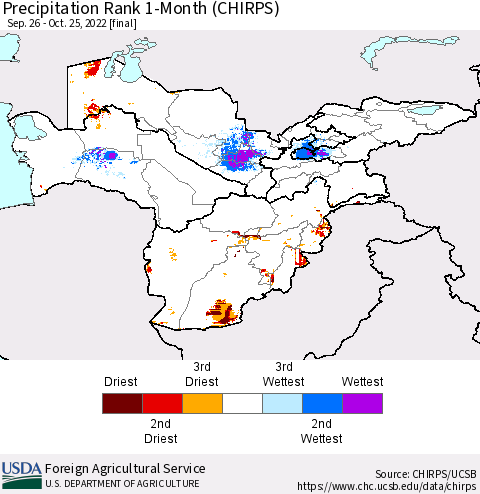 Central Asia Precipitation Rank since 1981, 1-Month (CHIRPS) Thematic Map For 9/26/2022 - 10/25/2022
