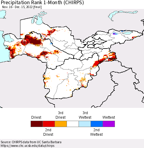 Central Asia Precipitation Rank since 1981, 1-Month (CHIRPS) Thematic Map For 11/16/2022 - 12/15/2022