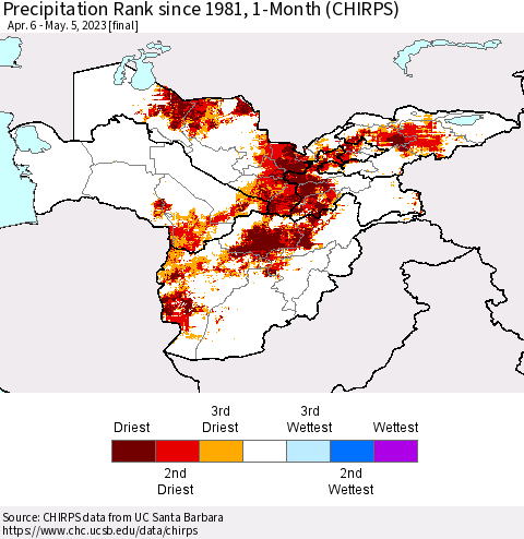 Central Asia Precipitation Rank since 1981, 1-Month (CHIRPS) Thematic Map For 4/6/2023 - 5/5/2023