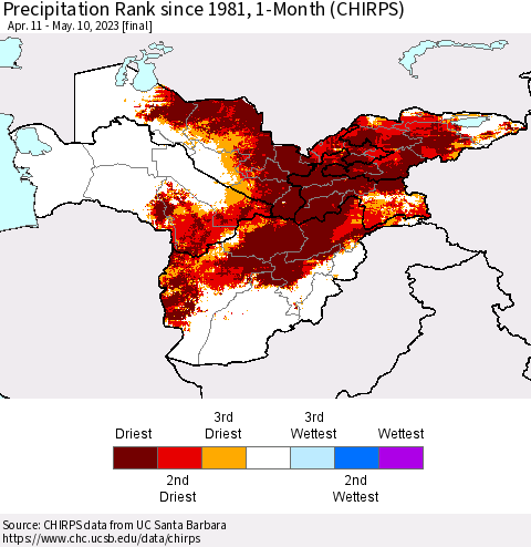 Central Asia Precipitation Rank since 1981, 1-Month (CHIRPS) Thematic Map For 4/11/2023 - 5/10/2023