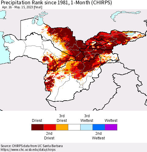 Central Asia Precipitation Rank since 1981, 1-Month (CHIRPS) Thematic Map For 4/16/2023 - 5/15/2023