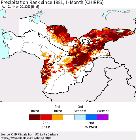 Central Asia Precipitation Rank since 1981, 1-Month (CHIRPS) Thematic Map For 4/21/2023 - 5/20/2023