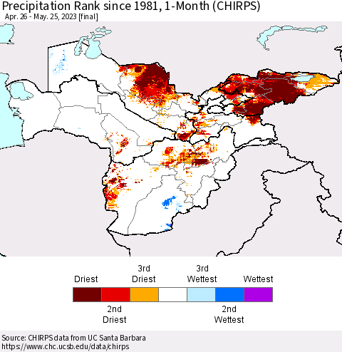 Central Asia Precipitation Rank since 1981, 1-Month (CHIRPS) Thematic Map For 4/26/2023 - 5/25/2023