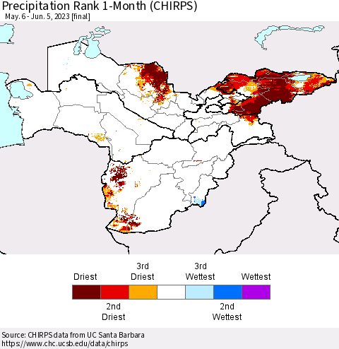 Central Asia Precipitation Rank since 1981, 1-Month (CHIRPS) Thematic Map For 5/6/2023 - 6/5/2023