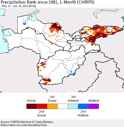 Central Asia Precipitation Rank since 1981, 1-Month (CHIRPS) Thematic Map For 5/11/2023 - 6/10/2023