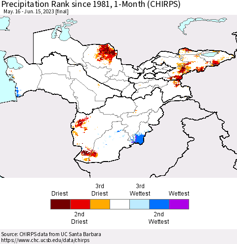 Central Asia Precipitation Rank since 1981, 1-Month (CHIRPS) Thematic Map For 5/16/2023 - 6/15/2023
