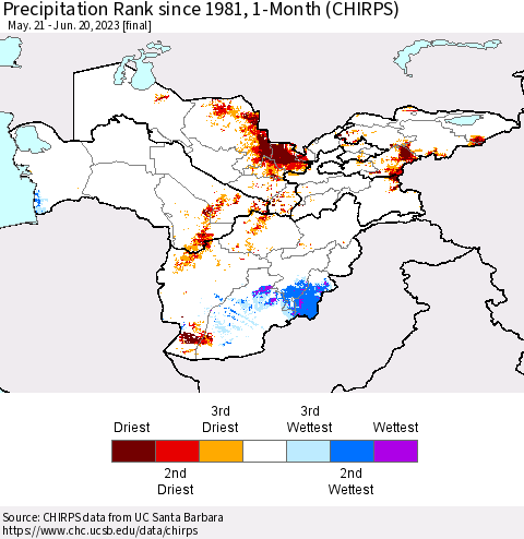 Central Asia Precipitation Rank since 1981, 1-Month (CHIRPS) Thematic Map For 5/21/2023 - 6/20/2023