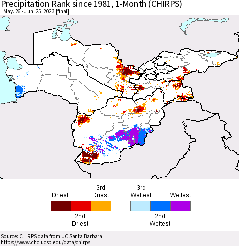 Central Asia Precipitation Rank since 1981, 1-Month (CHIRPS) Thematic Map For 5/26/2023 - 6/25/2023