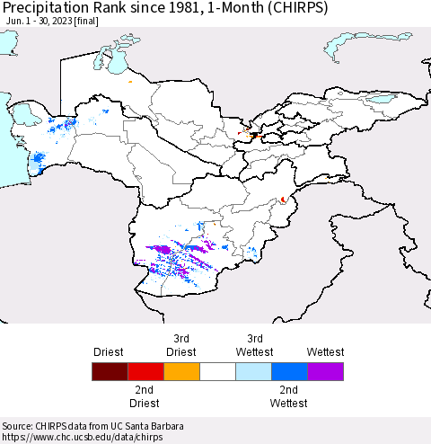 Central Asia Precipitation Rank since 1981, 1-Month (CHIRPS) Thematic Map For 6/1/2023 - 6/30/2023