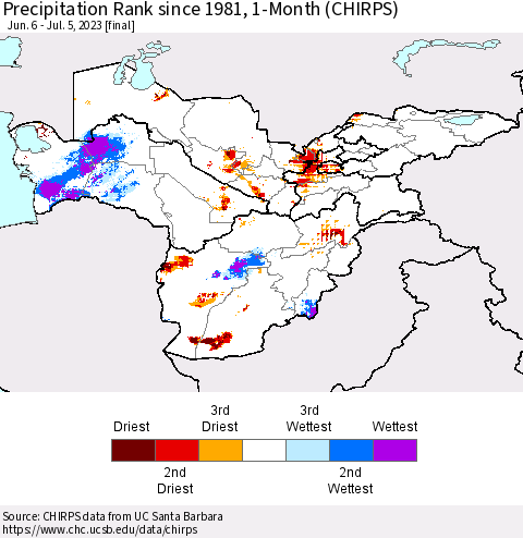 Central Asia Precipitation Rank since 1981, 1-Month (CHIRPS) Thematic Map For 6/6/2023 - 7/5/2023