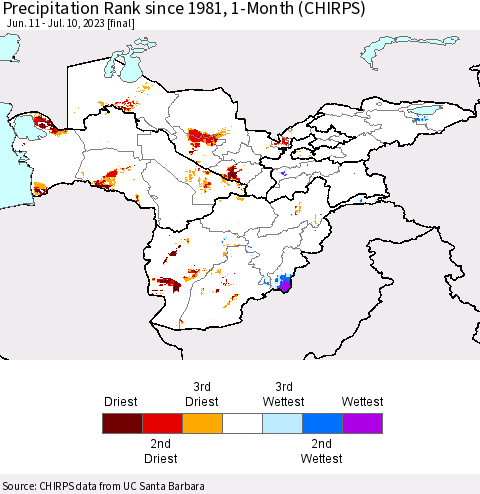 Central Asia Precipitation Rank since 1981, 1-Month (CHIRPS) Thematic Map For 6/11/2023 - 7/10/2023