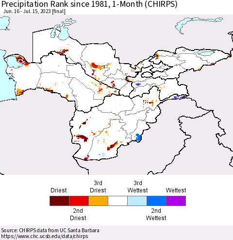 Central Asia Precipitation Rank since 1981, 1-Month (CHIRPS) Thematic Map For 6/16/2023 - 7/15/2023