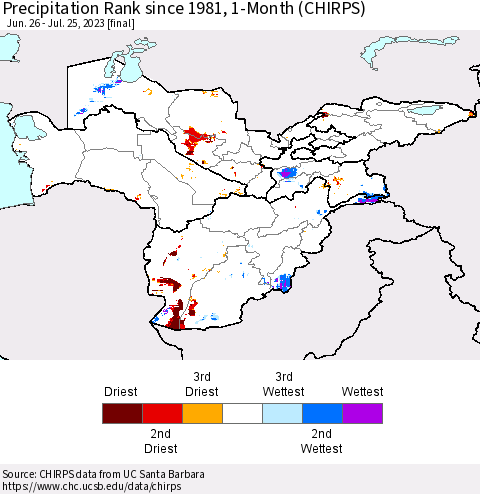 Central Asia Precipitation Rank since 1981, 1-Month (CHIRPS) Thematic Map For 6/26/2023 - 7/25/2023