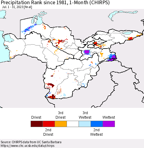 Central Asia Precipitation Rank since 1981, 1-Month (CHIRPS) Thematic Map For 7/1/2023 - 7/31/2023