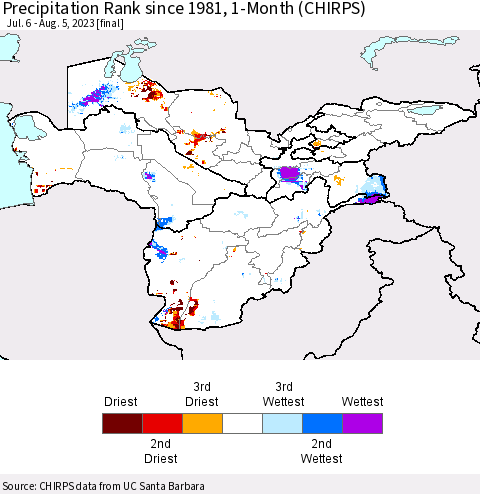 Central Asia Precipitation Rank since 1981, 1-Month (CHIRPS) Thematic Map For 7/6/2023 - 8/5/2023