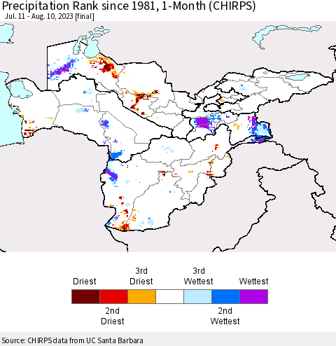 Central Asia Precipitation Rank since 1981, 1-Month (CHIRPS) Thematic Map For 7/11/2023 - 8/10/2023