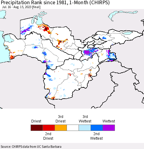 Central Asia Precipitation Rank since 1981, 1-Month (CHIRPS) Thematic Map For 7/16/2023 - 8/15/2023