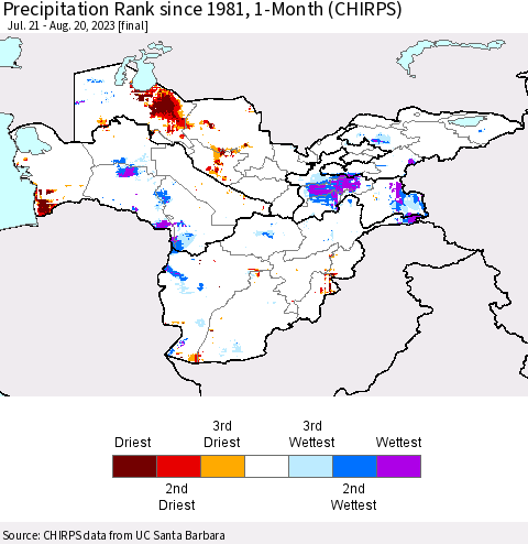 Central Asia Precipitation Rank since 1981, 1-Month (CHIRPS) Thematic Map For 7/21/2023 - 8/20/2023