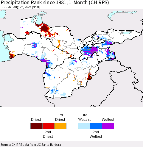 Central Asia Precipitation Rank since 1981, 1-Month (CHIRPS) Thematic Map For 7/26/2023 - 8/25/2023