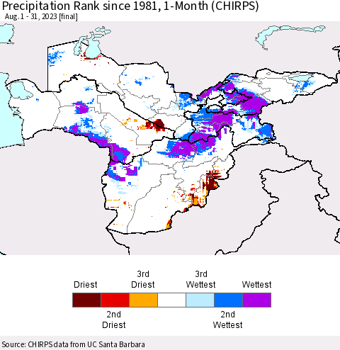 Central Asia Precipitation Rank since 1981, 1-Month (CHIRPS) Thematic Map For 8/1/2023 - 8/31/2023