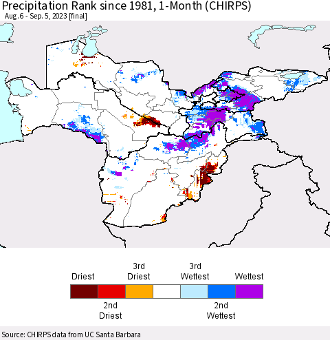 Central Asia Precipitation Rank since 1981, 1-Month (CHIRPS) Thematic Map For 8/6/2023 - 9/5/2023