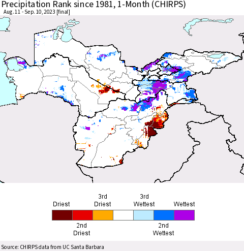 Central Asia Precipitation Rank since 1981, 1-Month (CHIRPS) Thematic Map For 8/11/2023 - 9/10/2023