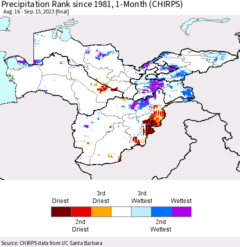 Central Asia Precipitation Rank since 1981, 1-Month (CHIRPS) Thematic Map For 8/16/2023 - 9/15/2023