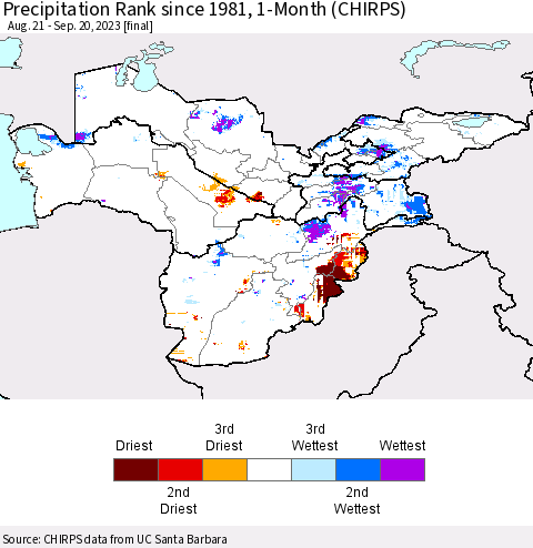 Central Asia Precipitation Rank since 1981, 1-Month (CHIRPS) Thematic Map For 8/21/2023 - 9/20/2023