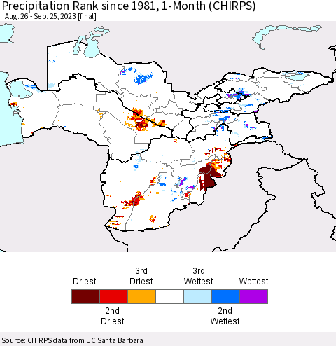 Central Asia Precipitation Rank since 1981, 1-Month (CHIRPS) Thematic Map For 8/26/2023 - 9/25/2023